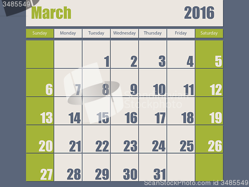 Image of Blue green colored 2016 march calendar