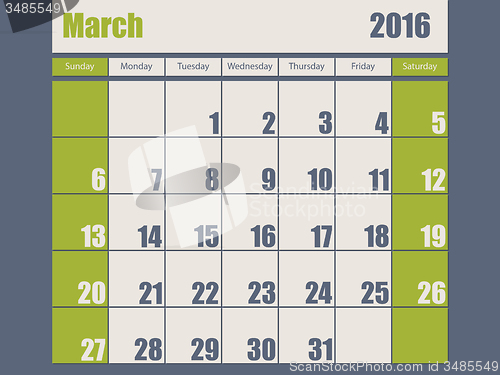 Image of Blue green colored 2016 march calendar