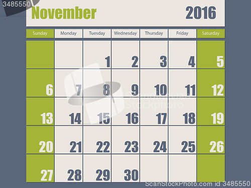 Image of Blue green colored 2016 november calendar