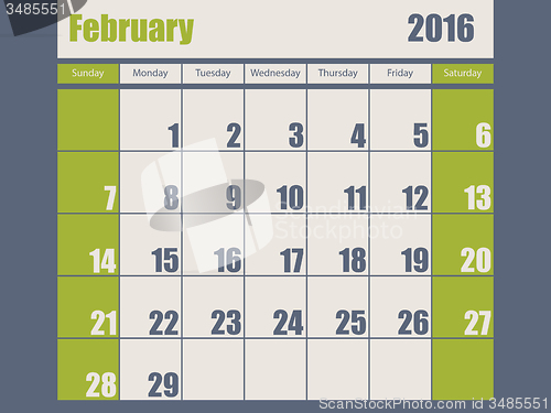 Image of Blue green colored 2016 february calendar
