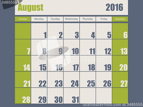 Image of Blue green colored 2016 august calendar