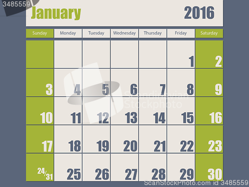 Image of Blue green colored 2016 january calendar