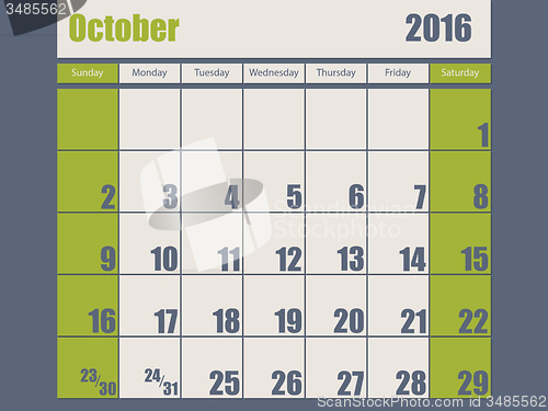 Image of Blue green colored 2016 october calendar