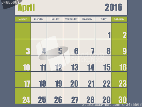 Image of Blue green colored 2016 april calendar