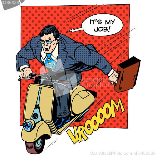 Image of Businessman rushing to work on the scooter