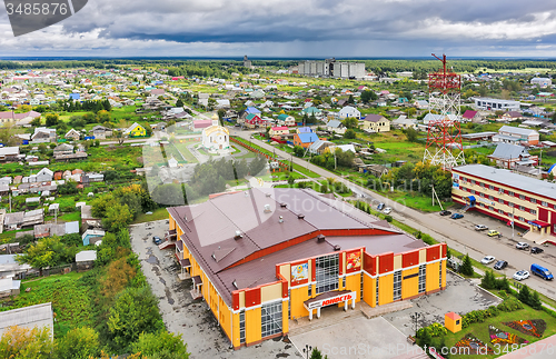 Image of Aerial view on church and house of culture, Russia