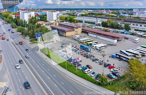 Image of Aerial view onto intercity bus station. Tyumen