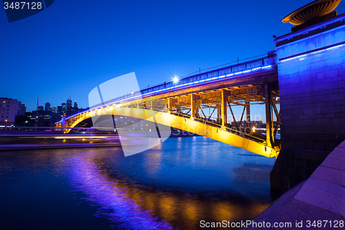 Image of Moscow Night urban landscape with old Smolensky Metro Bridge