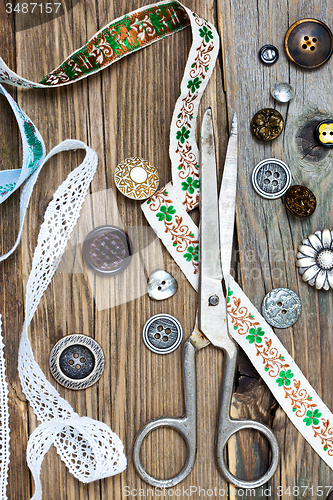 Image of Old scissors, old lace and vintage buttons
