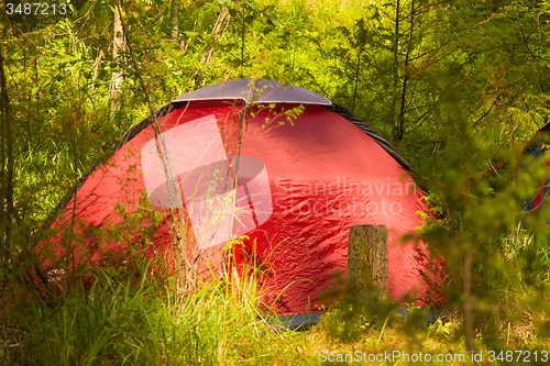 Image of camping outdoor with  tent in woods in summer 