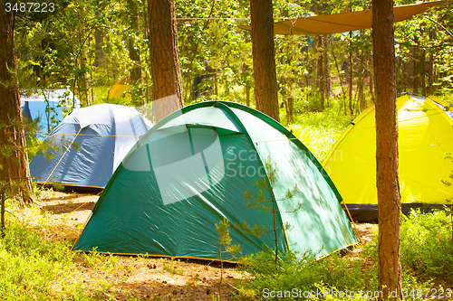Image of camping outdoor with  tent in woods in summer 