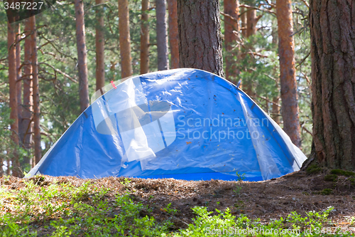 Image of camping outdoor with  tent in woods in summer 