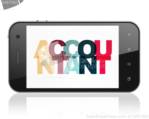 Image of Currency concept: Smartphone with Accountant on  display