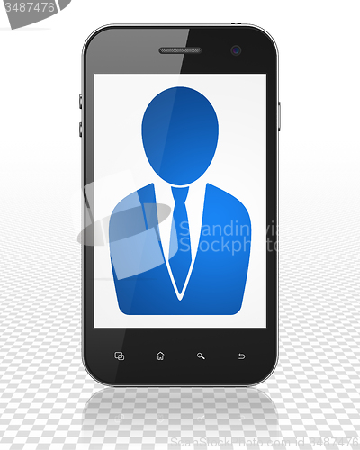 Image of Finance concept: Smartphone with Business Man on display