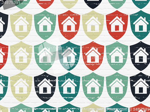 Image of Business concept: Shield icons on wall background