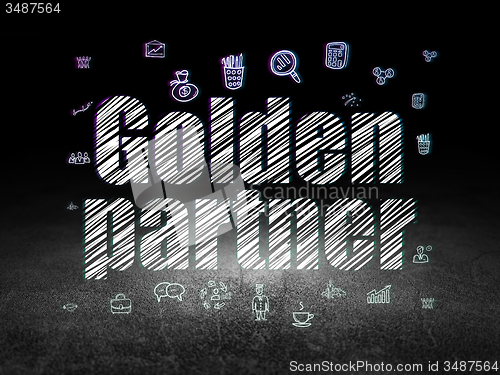 Image of Finance concept: Golden Partner in grunge dark room