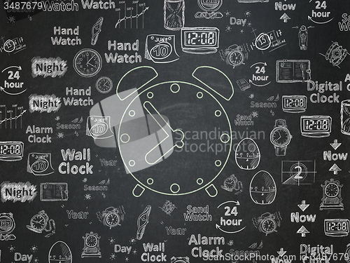 Image of Timeline concept: Alarm Clock on School Board background