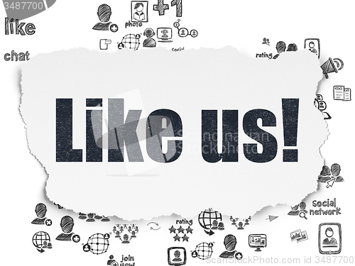 Image of Social network concept: Like us! on Torn Paper background