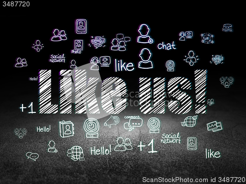 Image of Social network concept: Like us! in grunge dark room