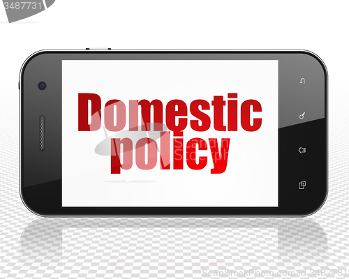 Image of Politics concept: Smartphone with Domestic Policy on display