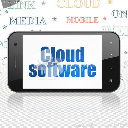 Image of Cloud networking concept: Smartphone with Cloud Software on display