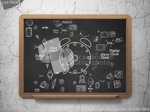 Image of Time concept: Alarm Clock on School Board background