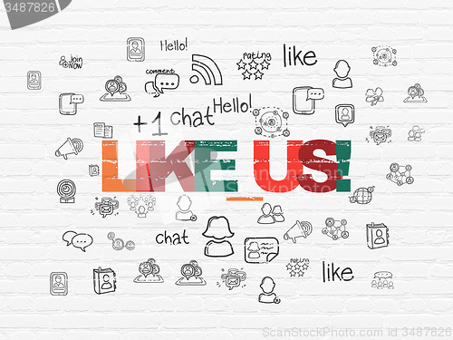 Image of Social network concept: Like us! on wall background