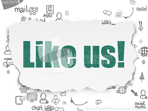 Image of Social network concept: Like us! on Torn Paper background