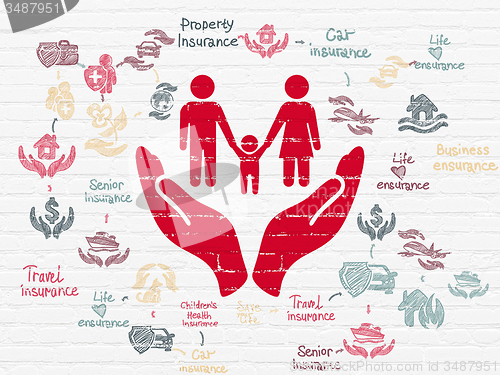 Image of Insurance concept: Family And Palm on wall background