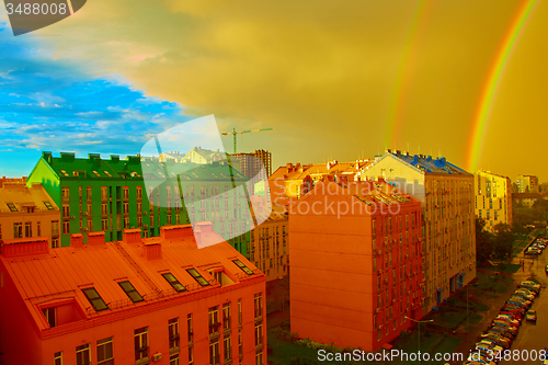 Image of Double rainbow over the city