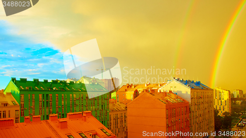 Image of Double rainbow over the city