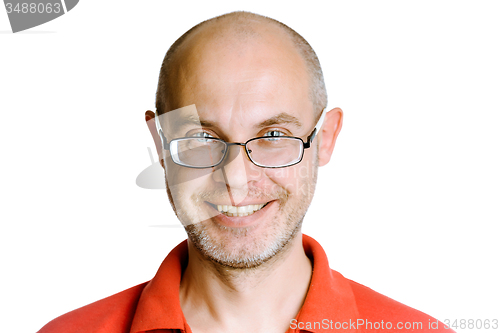 Image of Smiling unshaven man on a white background with glasses