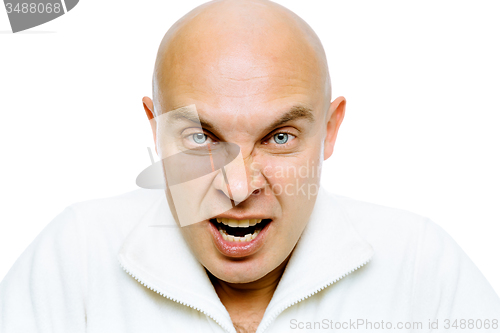 Image of man screams into the camera. Close-up. Isolated on white