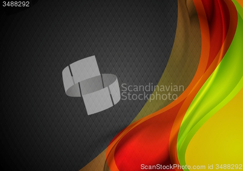 Image of Bright blurred vector waves on black background