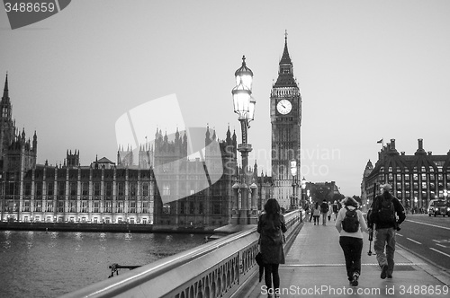 Image of Black and white Westminster Bridge and Houses of Parliament in L