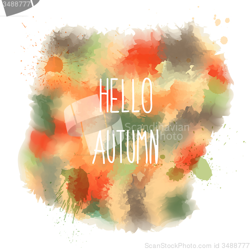 Image of Hello autumn. hand drawn lettering on watercolor background