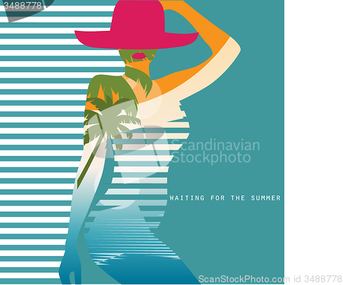 Image of Vector double exposure illustration. Woman in swimsuit 