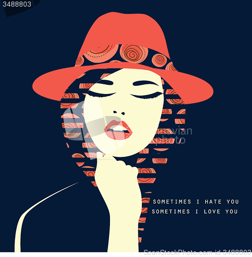 Image of Vector double exposure illustration. Woman with red hat