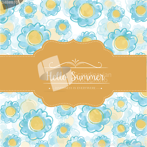 Image of Watercolor floral  card  with message Hello Summer