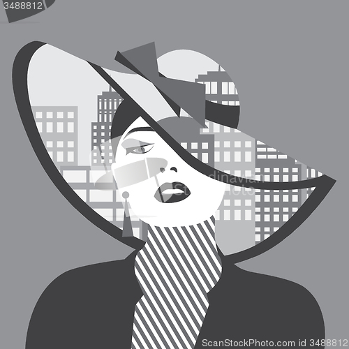 Image of Vector double exposure illustration. Woman with city in her hat