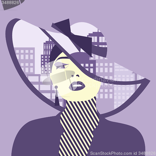 Image of Vector double exposure illustration. Woman with city in her hat