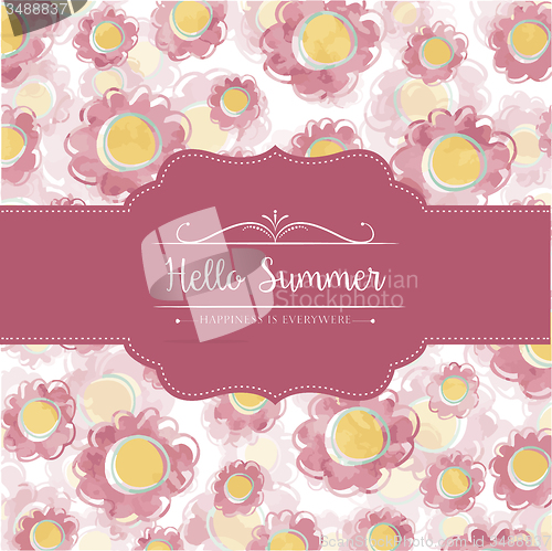 Image of Watercolor floral  card  with message Hello Summer