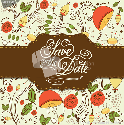 Image of Watercolor floral  card  with message \"Save the Date\"