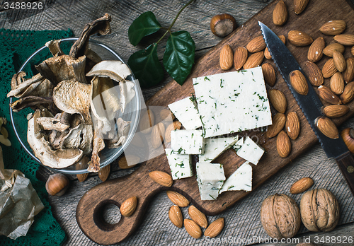 Image of Closeup of cheese, nuts and mushrooms