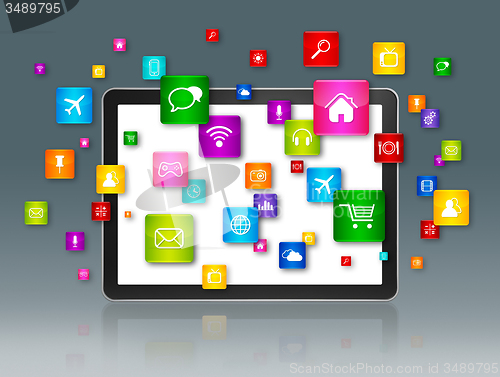 Image of Digital Tablet and flying apps icons