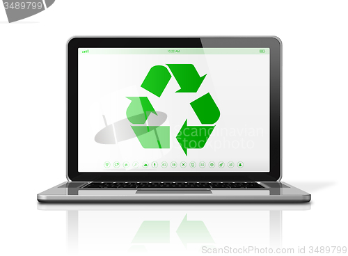 Image of Laptop computer with a recycling symbol on screen. environmental