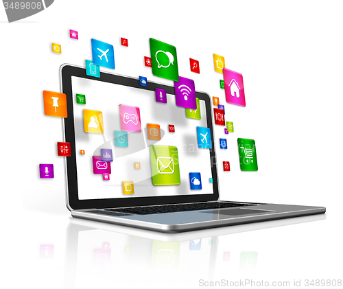 Image of flying apps icons and laptop Computer isolated on a white backgr
