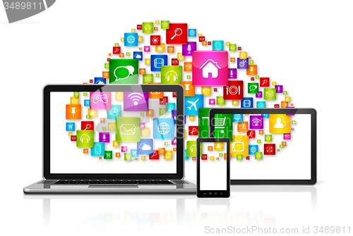 Image of Cloud computing symbol on computer set