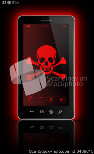 Image of smartphone with a pirate symbol on screen. Hacking concept