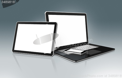 Image of High Tech Laptop, mobile phone and digital tablet